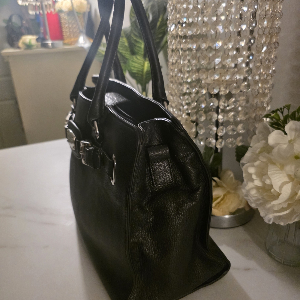 Michael Kors Black Leather Double-Handle Satchel with Silver Hardware - Picture 4 of 5